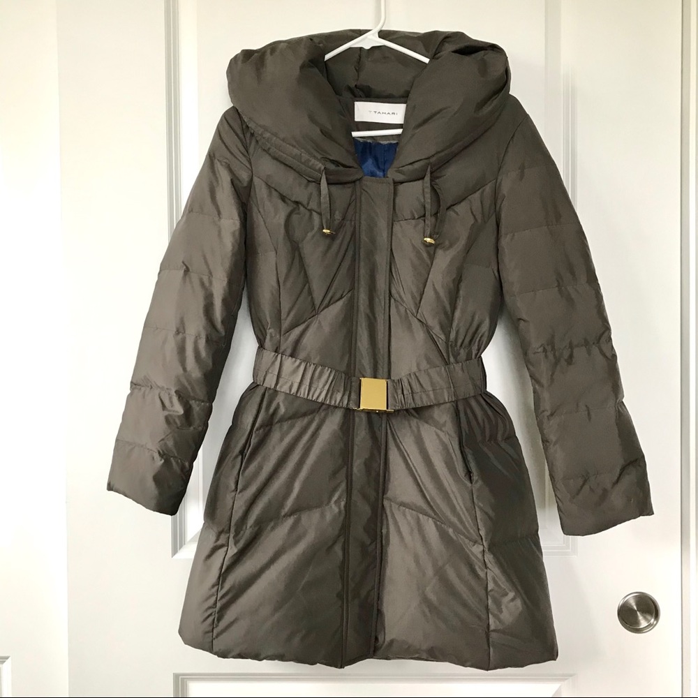 T Tahari Hooded Belted Down Filled Puffer Coat